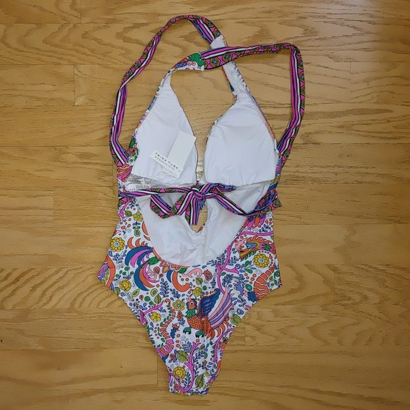 NWT TRINA TURK Jungle Beach Paisely-Print Plunging Cross-Back One-Piece Swimsuit - Picture 4 of 8